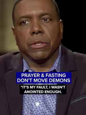 The image features a close-up of a Black man looking directly at the camera, with text overlays adding context. He is in a well-lit environment, possibly indoors, with the background slightly blurred. He is wearing a dress shirt and sport coat. Overlaid in a solid blue rectangle are the words 'PRAYER & FASTING DON'T MOVE DEMONS' in white font with a black border. Below this, in a black rectangle, is a quote attributed to Creflo A. Dollar: "'IT'S MY FAULT, I WASN'T ANOINTED ENOUGH.'"