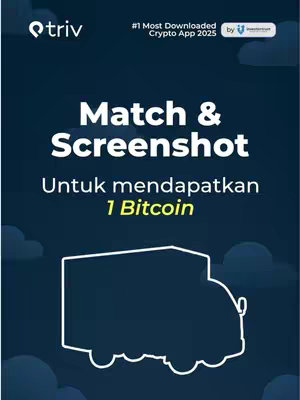 The cover image has a dark blue background with a white outline of a truck at the bottom. The text overlay is in white and bold, which reads, "Match & Screenshot," then under the headline in a smaller size, it says, "Untuk mendapatkan 1 Bitcoin."
