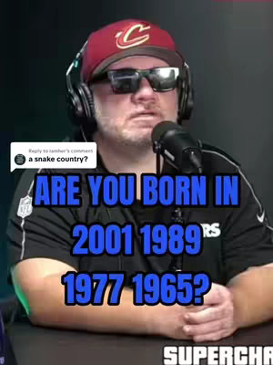 A man wearing a red baseball cap, sunglasses, and headphones is holding a microphone. Text overlays ask questions about birth years of interest to numerology or astrology.
