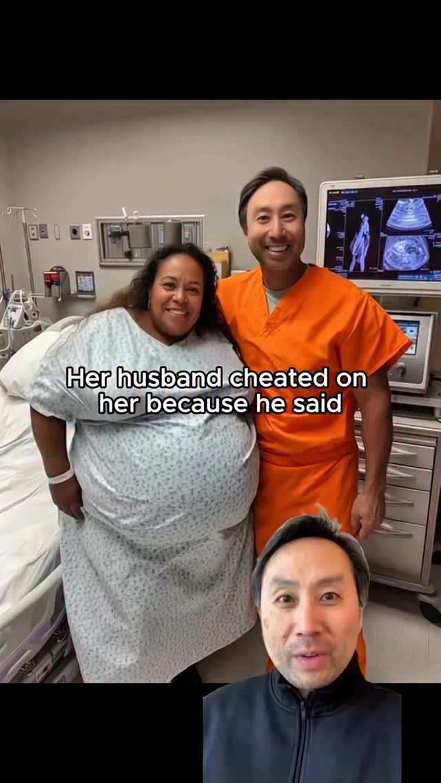 The image shows a woman and a man, likely in a medical setting. The woman is wearing a hospital gown and has a large belly, suggesting pregnancy. The man is dressed in an orange scrubs top. In the background, there's some medical equipment and a screen displaying what appears to be an ultrasound. There's a face overlay of a man in the bottom of the image. The text overlay reads, "Her husband cheated on her because he said."