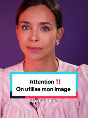The image features a woman looking at the camera. Overlayed text indicates a warning about AI-generated content using her likeness.