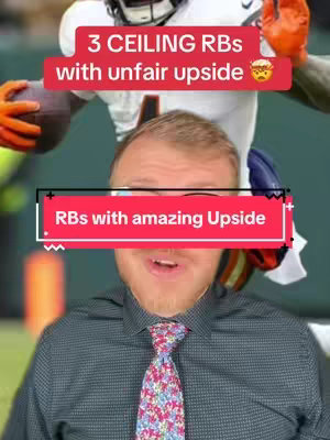 The cover image features a man in a button-down shirt and tie in the foreground, with two text overlays and part of a football player in the background. The main text overlay at the top says, '3 CEILING RBs with unfair upside', with an emoji of a burger, highlighted with a red background. The lower text overlay says, 'RBs with amazing Upside', also against a red background. The background shows a football player in action, with the man in the foreground. Colors include green and yellow, and the layout is split to highlight both the speaker and the football context for the subject.