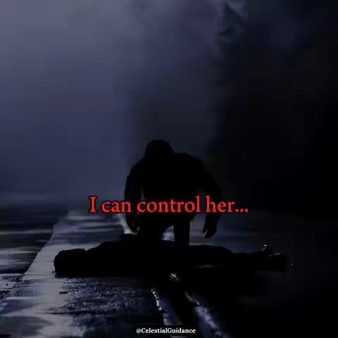 An image of a dark scene, likely outdoors at night. In the foreground, a silhouette of a person is kneeling over another person lying on the ground. Text overlayed in red says, "I can control her..."