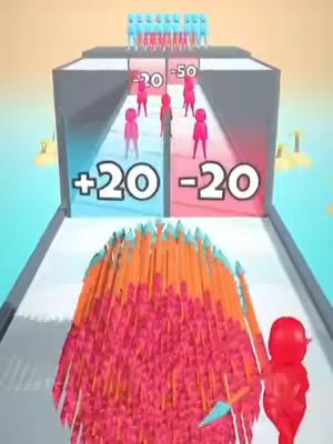 The image shows a game interface. At the bottom, a large group of red figures march toward a white lane. In the center lane, smaller pink figures are on a platform, with a sign displaying '-20' on their side, and a blue side with numbers reading '+20'. At the top, a row of blue figures stands above the pink figures. Arrows appear beside the large group.