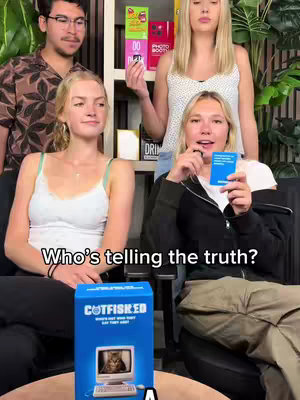 The cover image shows four young people, two men and two women, in front of a bookshelf. The focus is on the woman in the mid-ground holding a blue card in front of her, with the board game "Catfished" visible. The overlaid text asks, "Who's telling the truth?"