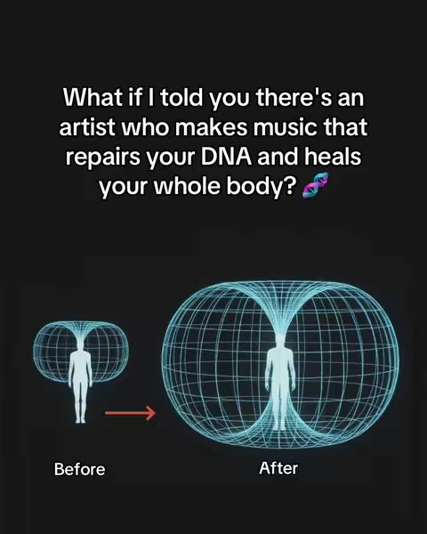 The image shows a before-and-after diagram related to the body, with a dark background and text overlay. The before shows a person inside a smaller, less developed energy field. The after shows the figure inside a much larger, more developed field. A text overlay indicates that artist music repairs your DNA and heals your whole body.