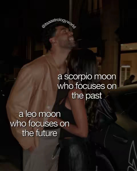 The image shows a man and a woman embracing outdoors at night. Text overlays describe astrology concepts.
