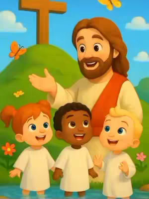 An animated illustration depicting Jesus with three children standing in a body of water. Jesus, with long brown hair and a beard, is wearing a white robe and a red sash. He has his right hand raised as if gesturing towards the children, who are also wearing white robes. The children are of different ethnicities, and the scene is set against a backdrop of green hills, a wooden cross, and blue sky with butterflies.