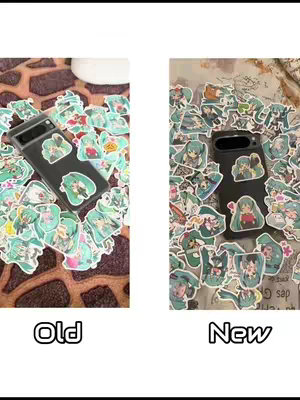 The image is a split screen with two sides: 'Old' on the left and 'New' on the right. Both sides depict a black phone covered in numerous anime-style stickers of a character with teal hair. The 'Old' side shows the phone surrounded by a scattering of the same stickers, while the 'New' side shows the phone amidst what appears to be a larger collection of these stickers, also on a textured surface. The layout uses a neutral background with similar lighting on both sides, the stark contrast highlights the difference in sticker quantity and arrangement.