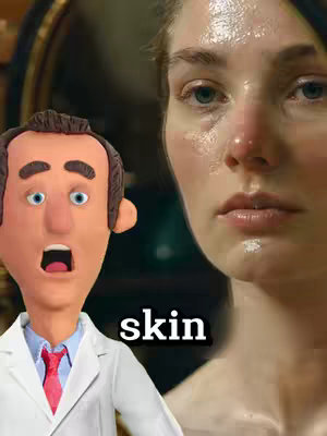 The image features a split composition: on the left is a claymation doctor with a surprised expression, and on the right, a close-up on a woman's face with visible water droplets, possibly implying skincare. The contrast between the cartoon doctor and the realistic woman suggests a focus on skin health, with 'skin'  displayed on the image to tie the two elements together.