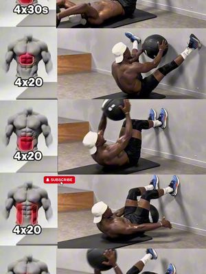 The image is a vertical collage presenting various fitness exercises, featuring a man performing ab workouts. It's divided into multiple sections, each showing a different exercise with accompanying text labels for repetitions and duration. The man is seen in different positions, using a medicine ball and working on a mat. The background is a room with simple decor. The layout is informative, with clear visual instructions.