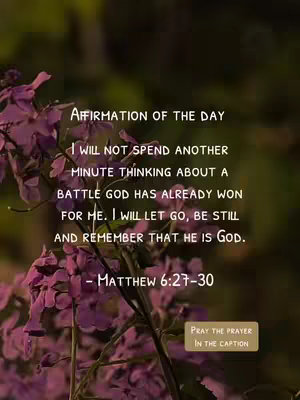The image shows a close-up of purple flowers in the foreground with a blurred green background. Overlayed on the image is white text containing an affirmation, a Bible verse reference, and a call to action to pray the prayer in the caption. A small, tan rectangle with the words “PRAY THE PRAYER IN THE CAPTION” is in the bottom right corner.