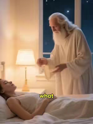 The image features a bedroom scene. A woman is laying in bed with her eyes closed, and a man dressed in white robes, with long white hair and a beard, is standing over her, appearing to be speaking or casting an aura. A nightstand with a glowing lamp sits between the woman and tall window, showing a dark nighttime setting.
