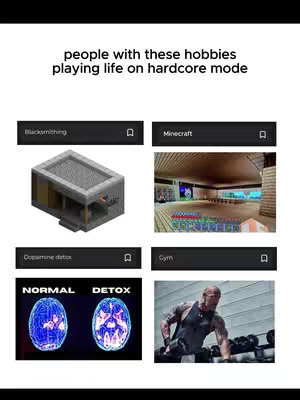 The cover image arranges multiple screenshots within a grid-like layout, featuring what look like app interfaces and real-world imagery. The text overlay at the top reads "people with these hobbies playing life on hardcore mode." The layout includes a screenshot for Blacksmithing, Minecraft, Dopamine Detox, and Gym. The design utilizes dark backgrounds for titles and distinct images below.