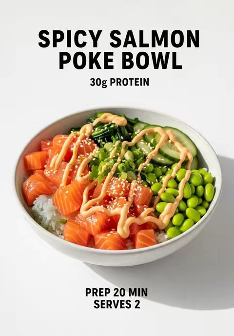 A top-down shot of a white bowl filled with a vibrant poke bowl. Cubes of salmon are prominent, interspersed with white rice, edamame, green onions, and cucumber slices. A creamy sauce is drizzled over the top. The image is set against a stark white background, emphasizing the food. Text overlays indicate the dish's name, 'Spicy Salmon Poke Bowl,' protein content, and preparation details.