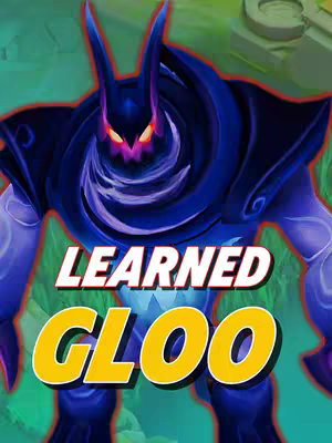 The cover image features the character Gloo from Mobile Legends: Bang Bang, presented in a stylized, illustrated format. Gloo, a large, amorphous creature with a dark blue or purplish body and a distorted face, is the central focus. The background shows a blurred, green and brown environment, providing context or setting. A vibrant, contrasting text overlay reading 'LEARNED GLOO' appears prominently in the foreground, in a bold, yellow font.