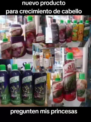A collage of shampoo bottles and other hair care products arranged on a shelf. The text overlays read "nuevo producto para crecimiento de cabello," and "pregunten mis princesas."
