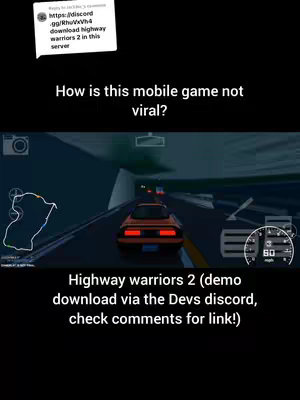 The image displays a mobile game with a car racing on a highway at night. The game’s user interface is in the lower corners displaying the speed and the mini map. Several text overlays are present, inquiring why the game isn't trending and providing a download link.