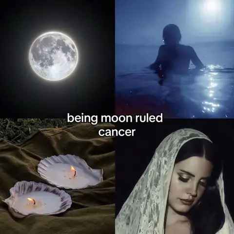 The image is a collage of four different visuals arranged as a square. The top left shows a full moon in a dark night sky. The top right shows a person partially submerged in water under a bluish light, possibly a lake. The bottom left shows two seashells with burning candles inside, set on a brown cloth. The bottom right shows a woman with dark hair wearing a lace veil, facing slightly downward.