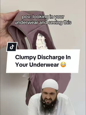 The cover image shows a close up of a pair of purple underwear with a whitish discharge stain. Text overlays read 'pov: looking in your underwear and seeing this' and 'Clumpy Discharge In Your Underwear'. A man with a white beard and a white kufi is shown at the bottom, making a pensive facial expression.