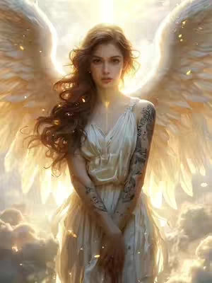 A computer-generated image of a woman with angel wings. She has long, wavy auburn hair and is wearing a white dress. The wings are large and feathered, with a warm, glowing light emanating from behind them. The overall composition gives a sense of being ethereal and celestial.
