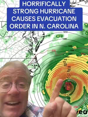 The image features a man with glasses and a quizzical expression pointing to a weather map showing a hurricane. A text overlay provides information about the severity of the hurricane and an evacuation order. The background includes weather charts, a map of the coastline, and various numerical weather indicators.
