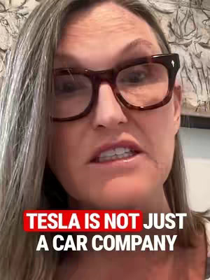 A close-up shot of Cathie Wood speaking, wearing glasses. A red banner at the bottom reads, "TESLA IS NOT JUST A CAR COMPANY."