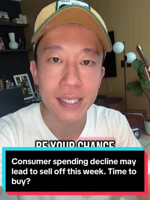 A man in a yellow hat and white shirt is in the foreground smiling and talking directly to the camera, with text in a box at the bottom that says, "Consumer spending decline may lead to sell off this week. Time to buy?"