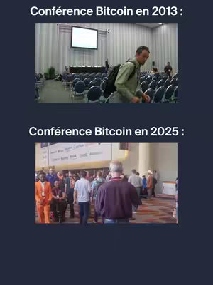 The image contrasts two scenes from Bitcoin conferences. The top half shows a conference in 2013, with a man walking in an empty hall. The bottom half depicts a 2025 conference with a large crowd of people, suggesting growth and wider acceptance.