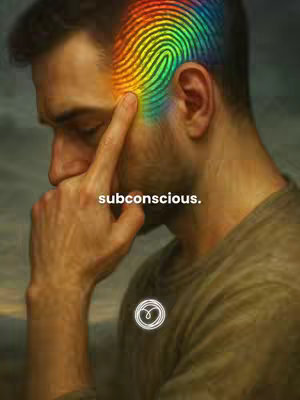 A man with a rainbow-colored fingerprint over his brain, pointing to it. The overlay features a white circle with a heart shape at the bottom. The background is a blurred, dark, artistic style.