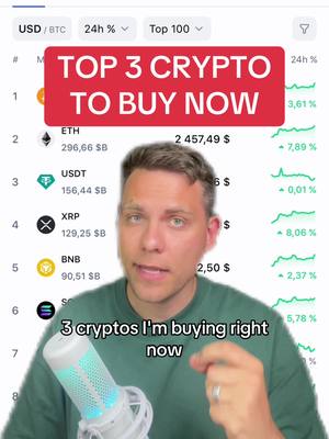 A man with light skin and short brown hair looks directly at the camera. Behind him, two rows of data with numbers and cryptocurrency symbols like ETH and USDT are visible on a light background. A red rectangle at the top says: TOP 3 CRYPTO TO BUY NOW. In the bottom part of the image, a text also appears on the screen saying: 3 cryptos I'm buying right now.