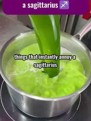 A still image showing a silver pot on a black stovetop, with green liquid being poured into it from above. Text overlays appear at the top and bottom of the image.