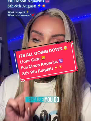 The cover image shows a woman with blonde hair, wearing a black top, pointing towards the viewer. A bright red overlay with the text "ITS ALL GOING DOWN" and other astrology-related information is placed in front of her. The overall atmosphere seems to be casual and direct, with a focus on communication of the creator.