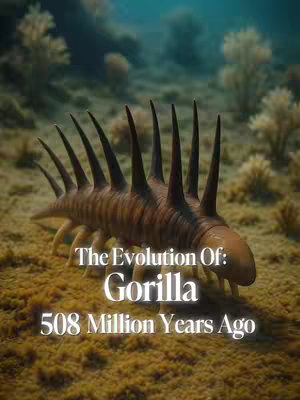 The image shows an underwater scene with a creature with multiple spiky appendages along its back, likely an early form of life. Text overlaid in white reads, "The Evolution Of: Gorilla 508 Million Years Ago."