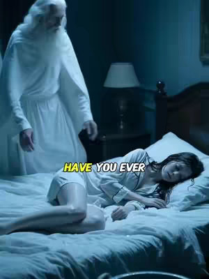 A woman lies in bed, semi-reclined, seemingly asleep. Behind her, a figure resembling a biblical depiction of God stands with a long white beard and robes. The image has a dim, blue-tinted lighting, suggesting night. Overlayed text in yellow reads 'HAVE YOU EVER.'