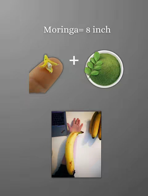 The image shows a comparison using illustrations. At the top, it has the text "Moringa = 8 inch" with graphics of a small flower on a finger and a bowl of green powder. Below that are other graphics: a person's hand reaching towards a yellow banana, set next to a laptop.