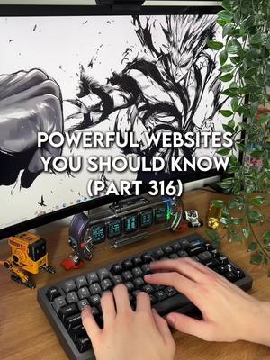 The cover image features a desktop setup with a large monitor displaying a black and white graphic of a character, possibly from anime or a comic book. In the foreground, a person's hands are positioned over a keyboard, and in the background is a keyboard, a clock-like device, and figurines. The background is blurred with a touch of greenery, and the text overlay reads 'POWERFUL WEBSITES YOU SHOULD KNOW (PART 316)'. The overall composition is clean and focused, with a tech-oriented theme, using a variety of colors that contrast with the text.