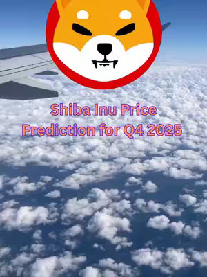 An image from an airplane window, taken from above fluffy cumulus clouds, with the wing of the airplane visible on the left side. At the top, there is a Shiba Inu logo in a circle outlined in red. Below the logo, the text reads, "Shiba Inu Price Prediction for Q4 2025."