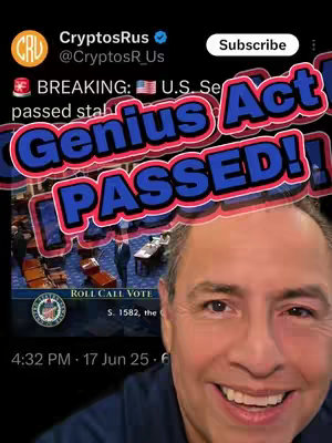 A cover image featuring a smiling man in the foreground, overlaid with text and elements from a news source. The background shows a blurred picture of a legislative assembly room. The man is centered, with a news feed displaying text and logos on the top-left, and text overlays reading 'Genius Act PASSED!' in a stylized font. The color palette is a mix of blacks, blues, and reds, with the man's face as the focal point.