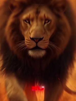 The image features a lion's face filling the frame, presented in warm, earthy tones. The lion's head is centered, with a focused gaze conveying intensity. Its mane is thick and dark, and the background is a fiery orange, which intensifies the sense of power and dominance.