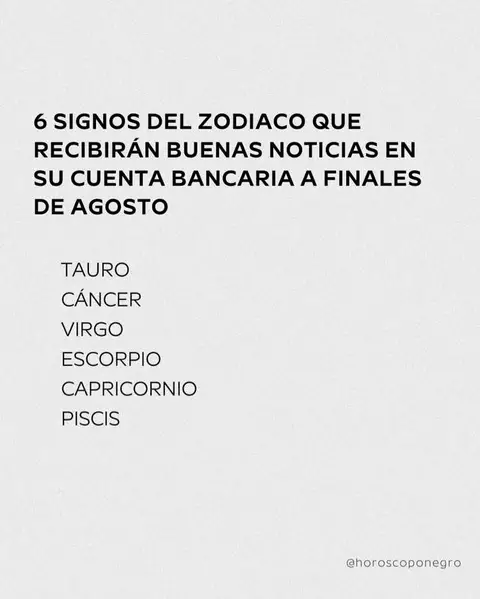 A minimalistic cover image with text on a white background. The text is centered and uses a clean, sans-serif font. The top section states a headline about zodiac signs and financial news. Below that, there's a list of six zodiac signs. At the bottom, a username is provided.
