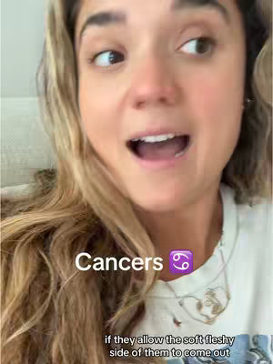 A woman with long blonde hair is looking off to the side with a slightly open mouth. Text overlayed with the word Cancer and the cancer zodiac symbol.