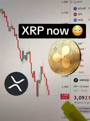 An image showing a stock chart with a downward trend. An overlay in a black box reads "XRP now" next to an emoji. XRP logo, a gold coin, and the current price are displayed.