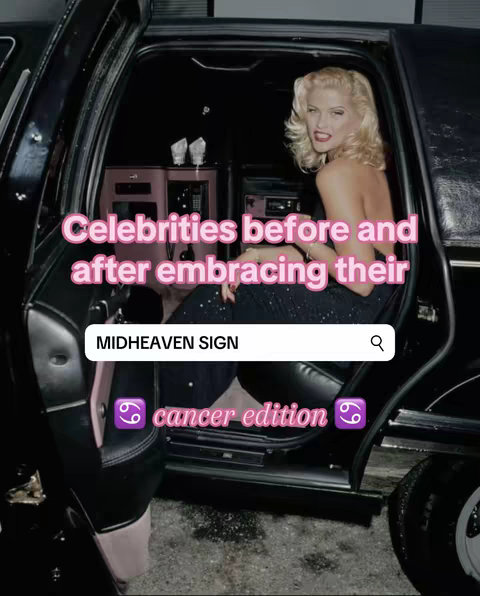 A woman with blonde hair in a classic car, with text overlays about astrology and midheaven signs.