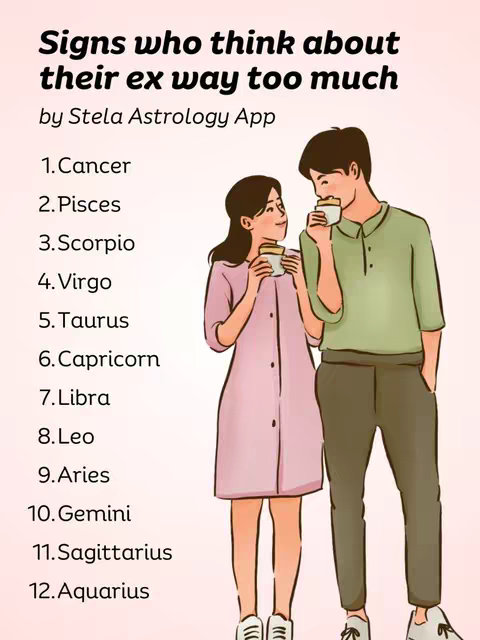 An illustration featuring two cartoon figures, a man and a woman, standing close and holding cups. The woman is wearing a pink dress, and the man is in an olive green shirt and dark pants. Text overlayed lists zodiac signs and phrases.