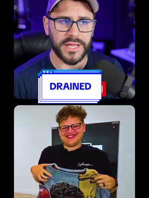 The cover image is vertically split, showing two individuals and a graphic element. The top half features a man with glasses and a baseball cap speaking into a microphone, with a blue window style graphic labeled "DRAINED." The bottom half shows a younger man smiling and holding a colorful art piece. The background is a simple wall.