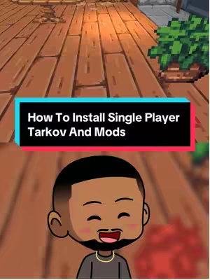 The cover image features an animated male avatar in the lower portion, with a background divided into two main sections. The upper portion displays a wooden floor pattern and a section of a building with a pixelated green plant. A rectangular text overlay in the middle showcases a headline in white text over a cyan background, with a red line at the bottom.