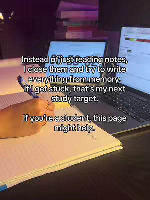 The image shows a hand writing in a notebook, beside a laptop with a timer on screen. More books are in the blurry background. The text overlay shares study tips.