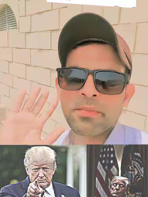 The image is a split composition. At the top, a person with dark hair, sunglasses, and a baseball cap is centered, with their arm up as if waving; behind them is a light-colored brick wall with a rounded window. Below, two images: one of Donald Trump pointing in a suit, and another of a bronze bust of him beside a US flag in a room.