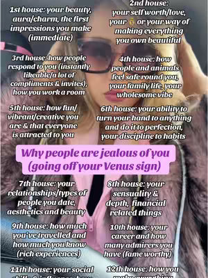 The image is a selfie-style headshot of a person wearing sunglasses and a pink jacket. Superimposed over the image is a graphic with text, including the question, "Why people are jealous of you." The text overlays a complex diagram labeling characteristics associated with different houses and Venus signs with explanations for each.